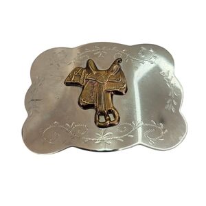 Vintage Western Saddle Motif Belt Buckle - Silver & Brass